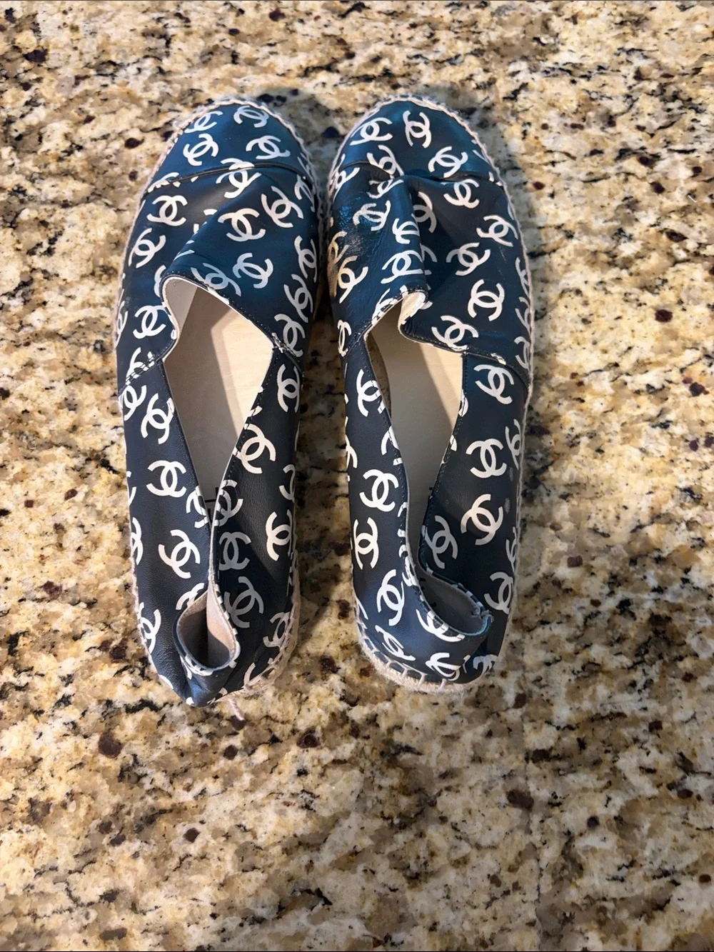 CHANEL Navy Leather CC Logo Espadrilles with White Print